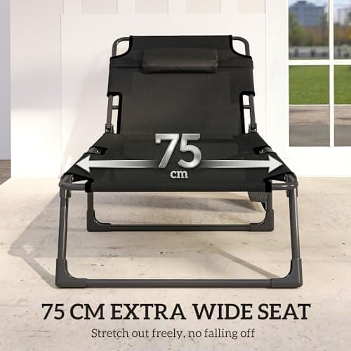 Outsunny Lounge Chair Outdoor Set of 2, 29.5" Wide Folding Chaise Lounge Tanning Chair, 5-Position Beach Patio Lounger Camping Cot Bed with Cushion, Side Pocket, Dark Grey/Blue — view 4