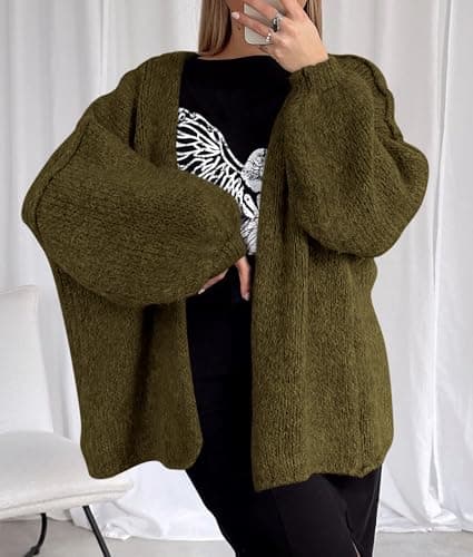 PRETTYGARDEN Womens Oversized Cardigan Sweaters 2026 Fall Long Lantern Sleeve Knit Open Front Lightweight Sweater (Army Green,Small) — view 6