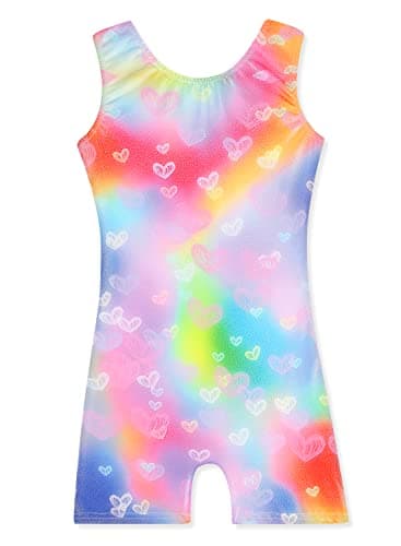 Kidsparadisy Girls Leotards for Gymnastics Size 10-12 with Shorts Competition Gymnastics Leotards for Kids Gymnastics Outfits Biketards (RainbowHeart,150 9-10Y)