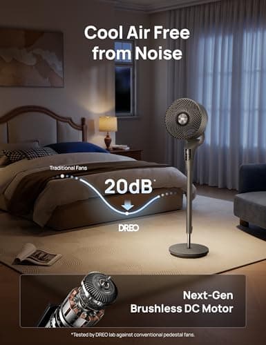 DREO Fan for Bedroom, 90° Oscillating Standing Fan, 20dB Quiet, 90ft Pedestal Fans for Room Office, DC Motor, 8+H Speeds, 3 Modes, 38-42'' Adjustable Height, Remote, 8H Timer, 105° Manual Vertical — view 3