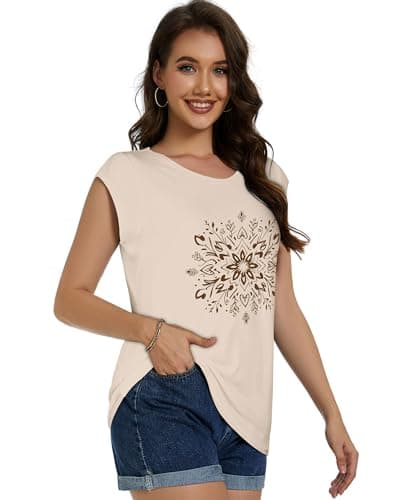 ADOREJOY Womens Cap Sleeve T Shirts Summer Tops Casual Crew Neck Loose Fit Tee Blouse（Apricot Floral，S） — view 2