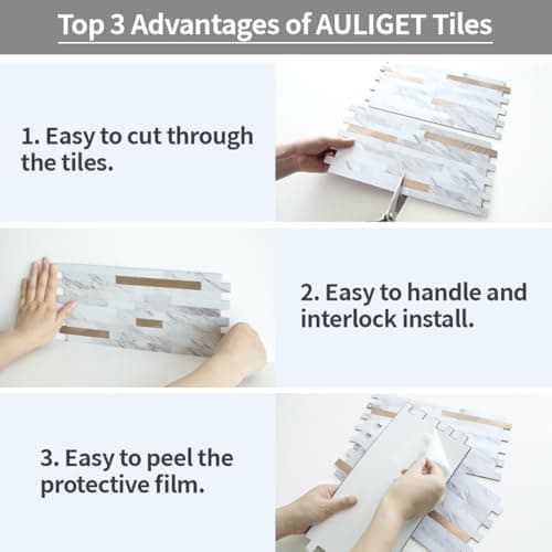 AULIGET 20 Sheets Faux Stone White Marble Peel and Stick Backsplash, PVC Mixed Metal Champagne Gold Wall Tile Stick on Backsplash for Kitchen and Bathroom — view 5