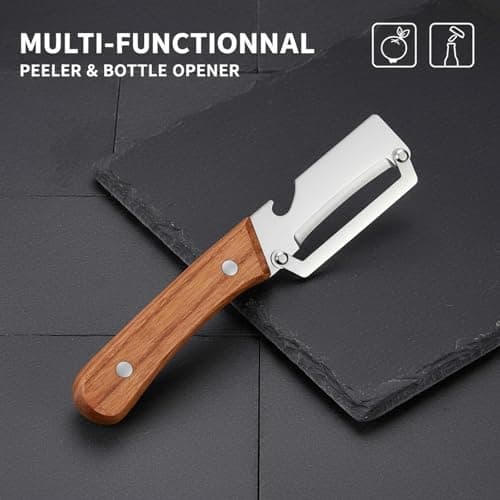 Sakerplus Multifunctional Vegetable Peeler with Wooden Handle and Bottle Opener, 2-in-1 Stainless Steel Blade, Contour-Flow for Kitchen Prep, Camping, Apple Potato Pumpkin Papaya Peeling — view 5