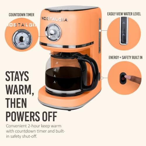 Nostalgia Classic Retro 10 Cup Coffee Maker - One-Touch Drip Brew, Reusable Filter - Anti-Drip, Auto Shutoff, & Time Display - Dishwasher Safe 50 oz Carafe - Orange — view 4