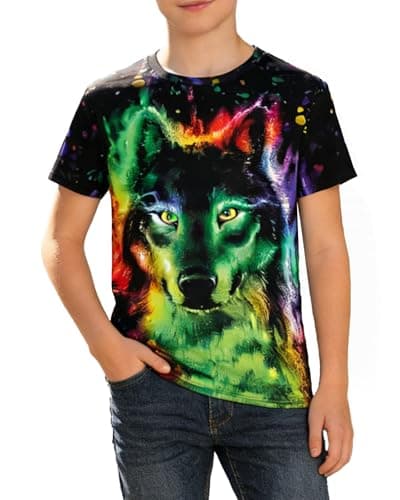 Rynzola Boys 3D Print T-Shirts Girls Summer Colorful Design Graphic Tee Kids Crewneck Short Sleeve Causal Tops（Wolf,6-7T）