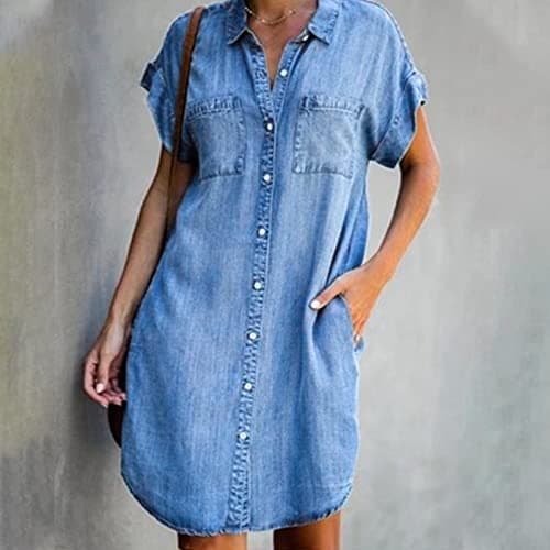 NaRHbrg Denim Dress for Women 2026 Trendy Button Down Short Sleeve Jean Dresses with Pockets Casual Loose Fit Comfy Sundress