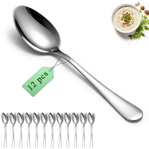 Dinner Spoons Set 12pcs, 18.7cm Soup Spoon Berglander Food Grade Stainless Steel Silverware Spoons, Metal Tablespoon for Restaurant, Mirror Polished, Dishwasher Safe