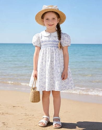 Miipat Toddler Girls Smocked Floral Dress Puff Sleeve Cotton Butterfly Print Kids Peter Pan Collar Summer Dress(BlueButterflyPrint,3-4T) — view 7