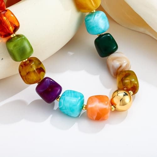 WOWORAMA Colorful Beaded Necklace for Women Trendy Colored Chunky Statement Necklaces Boho Large Square Resin Beads Choker Necklace Y2K Summer Jewelry — view 4