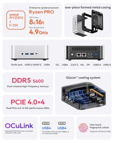 AOOSTAR MACO AMD Ryzen 7 H255 Barebone Mini PC(8C/16T, up to 4.9GHz), Radeon 780M Graphics Mini Computer, Support Four Display, with OCuLink Dual USB4, Support OpenClaw — view 8