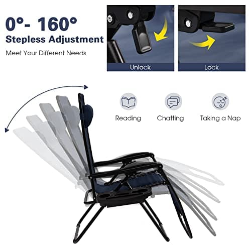Goplus Zero Gravity Lounge Chairs, 160°Adjustable Folding Recliner w/Pillow and Cup Holder, 350LBS Comfy Outdoor Lounge Chairs for Patio, Lawn, Yard & Camp(Set of 2, Navy) — view 3