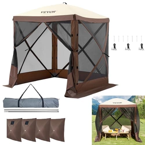 VEVOR Pop Up Gazebo Tent, Pop-Up Screen Tent 4 Sided Canopy Sun Shelter with 4 Removable Privacy Wind Cloths & Mesh Windows, 6x6FT Quick Set Screen Tents with Netting, Brown