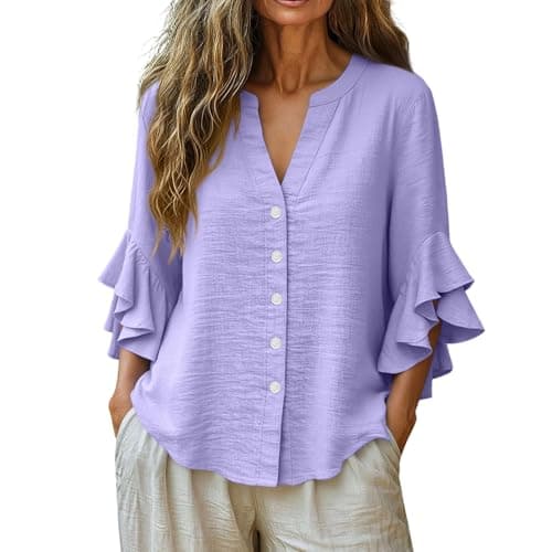 3/4 Ruffle Sleeve Cotton Linen Shirts for Women Dressy V Neck Beach Tunic Tops Elegant Summer Casual Work Blouses Purple — view 4