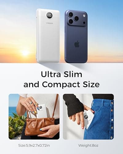 VEGER Portable Charger with Built-in AC Plug and Cables, All in One 10000mAh Ultra Slim Power Bank Travel Essentials, USB C External Battery Pack Compatible with iPhone, Samsung, More, White — view 6