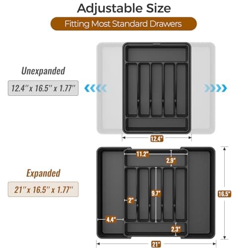 ukeetap Extra Large Expandable Silverware Organizer, BPA-Free Food-Safe Cutlery Flatware Organizer, Kitchen Utensil Drawer Organizer, Adjustable Silverware Holder for Spoons Forks Knives, Black — view 2