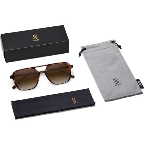 SOJOS Retro Aviator Sunglasses for Women Men,Trendy Rectangle Womens Mens Shades Sun Glasses SJ2202 Tortoise Frame Brown Grading Lens — view 6