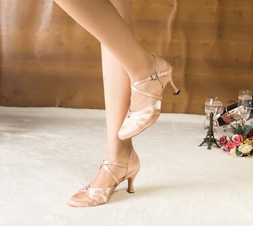 Minishion Women's Closed Toe Dance Heels Comfortable Ballroom Dancing Pumps, L117a Nude 7.5cm Heel, 9 — view 2