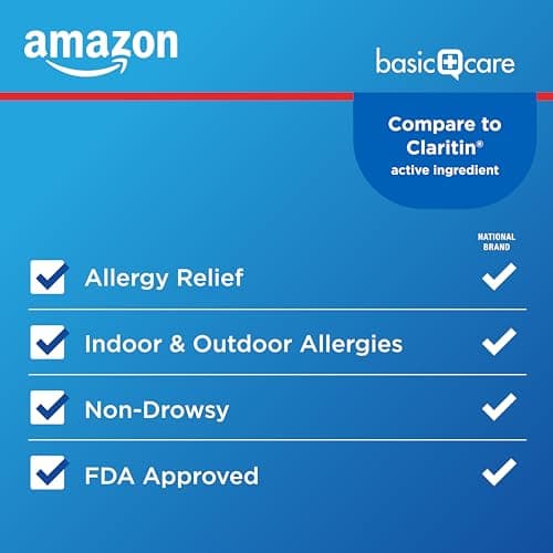 Amazon Basic Care Allergy Relief Loratadine Tablets 10 mg, 24-Hour Non-Drowsy Antihistamine for Sneezing, Runny Nose, Itchy Eyes, Hay Fever, 30 Count