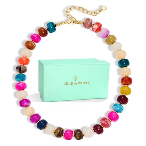 LILIE&WHITE Mothers Day Gifts for Mom Daughter Colorful Chunky Bead Necklaces for Women Fashionable chunky Boho Collar Necklace Rainbow Resin Bead Necklace Jewelry