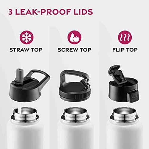 FineDine Water Bottle - Stainless Steel Insulated Water Bottle with Straw Lid, Flip Lid & Wide-Mouth Cap - Keeps Hot and Cold - 25 Oz / 739ml - Pure Pearly White — view 3