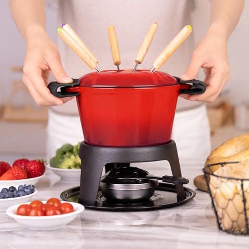 Mabeeze Cast Iron Fondue Pot Set Red Enameled 1.6 Qt for Cheese, Chocolate, or Meat: Includes 6 Fondue Forks — view 3