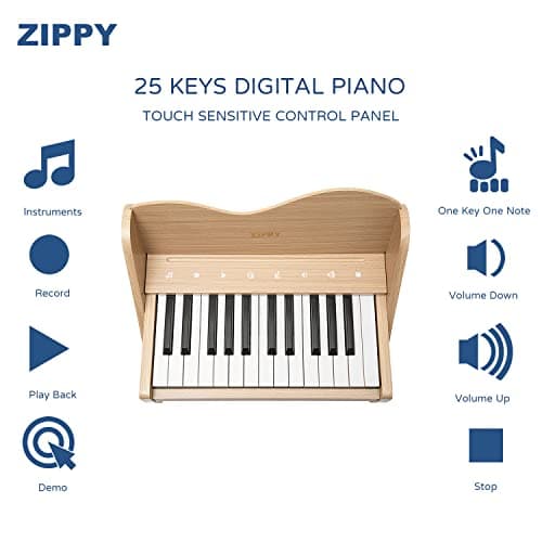 ZIPPY Kids Piano Keyboard, 25 Keys Digital Piano for Kids, Touch Sensitive Control Panel, Volume Adjustable, Mini Music Educational Instrument Toy, Wood Toy for Toddlers Girls Boys (Oak)