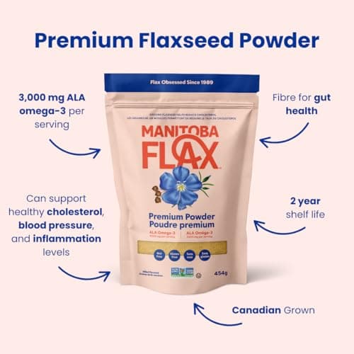 Premium Flaxseed Powder (NEW LOOK!) | Manitoba Flax by Manitoba Milling Co.| 454g | 3000 mg Omega-3, Fiber, Plant Protein | Vegan, Non-GMO, Gluten Free | Use in smoothies, oatmeal, yogurt, baked goods, dressings and sauces, and more — view 2