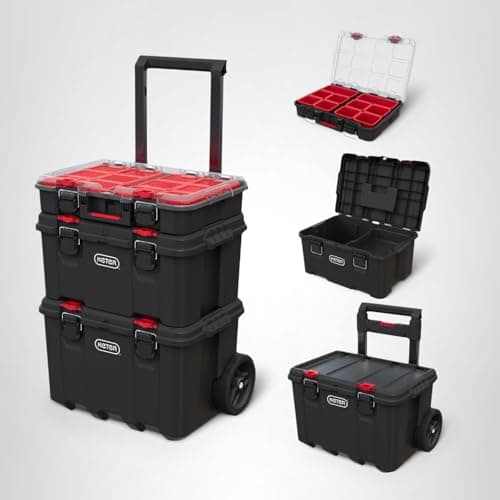 Keter Stack-n-Roll Modular Tools Organizer for Garage Storage and DIY, 3 Piece Resin Rolling Tool Box System for Small Parts, Black — view 13