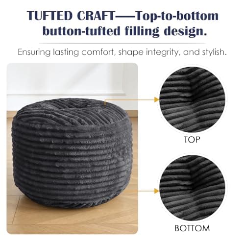 Round Ottoman,Corduroy Pouf Ottoman Foot Rest,Dark Grey,18x14 IN — view 3