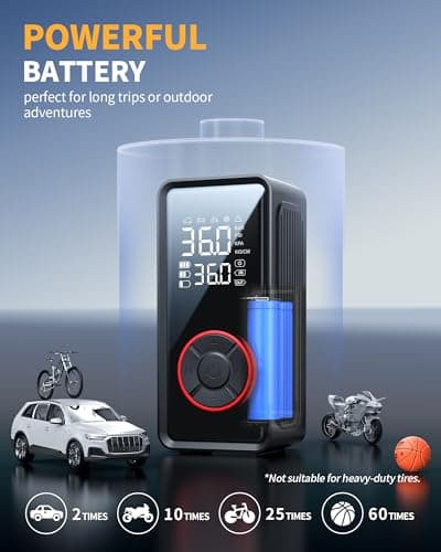 Powools Tire Inflator Portable Air Compressor - 3X Faster Inflation Air Pump with LED Light, Auto Shut-Off Tire Pump with 4 Nozzles for Car, Motorcycle, Bicycle, Ball, Black, 5.9" x 2.8" x 2.0" — view 2