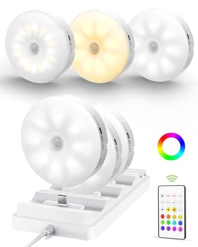 EZVALO Under Cabinet Lighting with Charging Station, 1000mAh Rechargeable Puck Lights with Remote, 3 Color Temps & 12 RGB Closet Lights, Dimmable Motion Sensor Lights for Shelf, Kitchen (6 Packs)