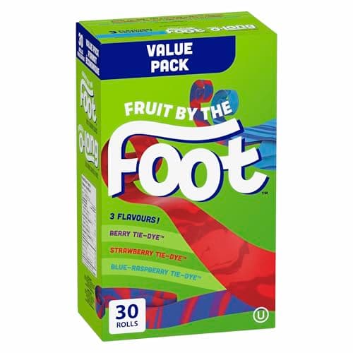 BETTY CROCKER FRUIT BY THE FOOT - VALUE PACK SIZE - Strawberry, Blue Raspberry, Berry Tie-Dye Fruit Flavoured Snacks, Pack of 30 Rolls, 637 Grams Package of Fruit Flavoured Snacks