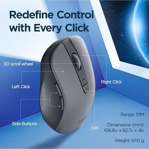 Lenovo WL310 Bluetooth Silent Mouse, Ergonomic, Adjustable DPI, Silent Clicks, Bluetooth 5.0, Portable for Windows, Mac, and Chromebook, Grey — view 4