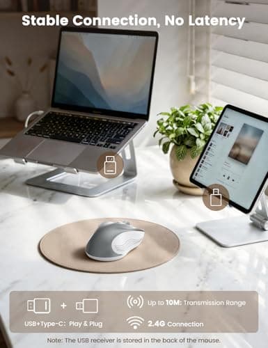 WisFox 2.4G Wireless Mouse for Laptop, Ergonomic Computer Mouse with USB Receiver and Type-C Adapter, 3 Adjustable Levels DPI, 6 Button Cordless Wireless Mice (Silver)