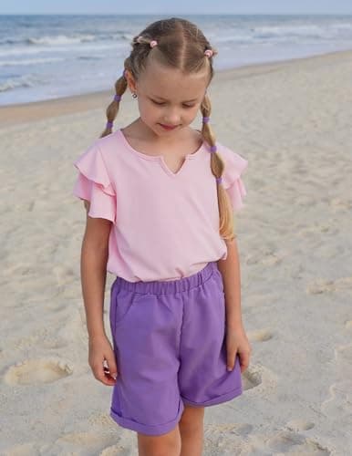 Arshiner Clothes for Girls Ruffle Short Sleeve Shirts Cute Little V Neck Tops Dress Shirts Summer Toddler Girls Tee Pink 5 Years — view 2