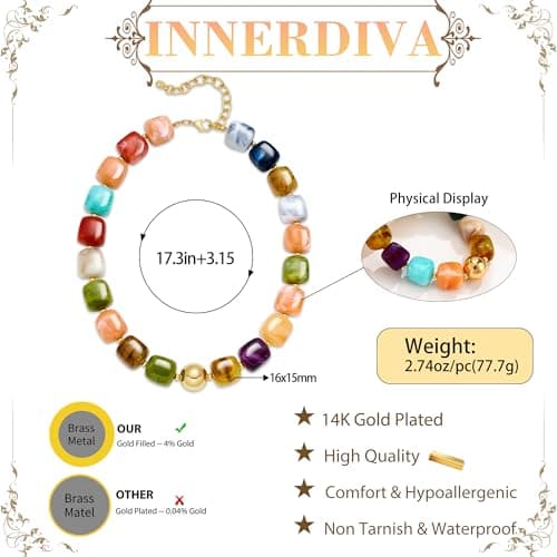 INNERDIVA Chunky Beaded Necklace for Women Colorful Big Large Resin Bead Statement Bubble Choker Necklace Trendy Summer Beach Beachy Womens Necklace Rainbow Gemstone Charm Jewelry Accessories Stuff — view 4