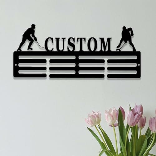 Personalized Hockey Medal Holder Custom Hockey Player Name Medal Hanger Display 12 Rungs for Medals & Ribbons Hockey Sport Display Awards Sign Hockey Trophy Wall Plaque Ice Hockey Medal Hanger Display