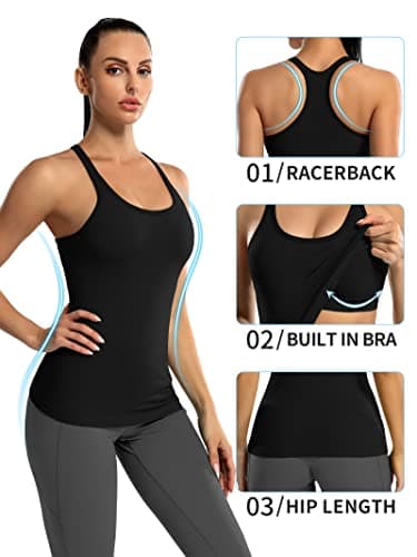 ATTRACO Black Workout Tops for Women Built in Bra Tank Tops Racer Back Yoga Tops Slim Fit — view 7