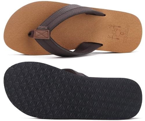 KuaiLu Mens Leather Flip Flops Arch Support Summer Beach Pool Water Thong Sandals Waterproof Essentials Walking Shoes Slip on Orthotic Casual Sport Cushioned Wide Slides Shower Slippers Khaki Size 11 — view 8