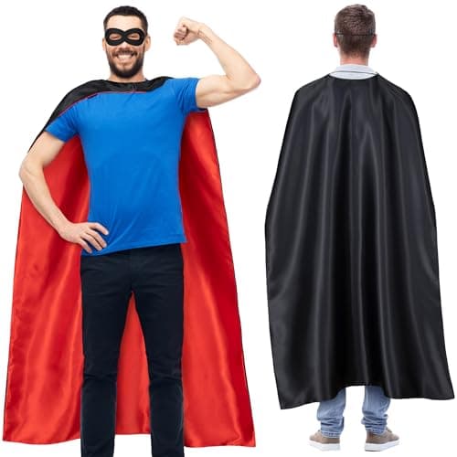 Bosvin Adult Superhero Cape & Mask Set - Double-Sided Black & Red Super Hero Capes and Masks for Men Women Dress-Up Parties — view 3