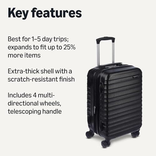 Amazon Basics 21-Inch Hardside Carry-On Luggage, Hardshell Suitcase With Wheels, Expandable For Up to 25% More Space, With Scratch-Resistant Surface, Four Multi-directional Wheels, Black