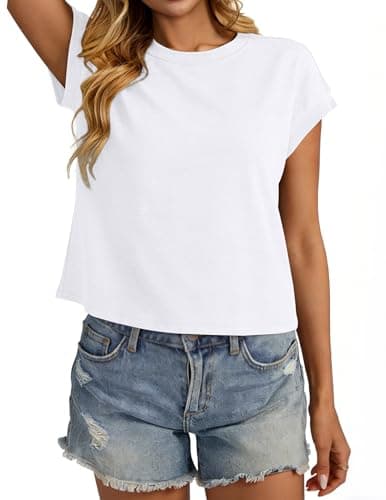 isermeo Womens Tops Casual Crewneck Cap Sleeve Tops Summer T Shirts Loose Fit Basic Tees Blouses White M — view 2