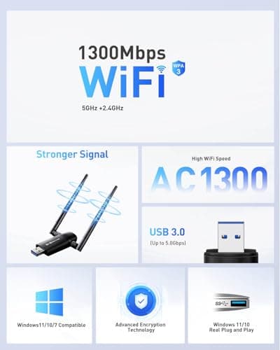 Nineplus Wireless USB WiFi Adapter for PC - 1300Mbps Dual 5Dbi Antennas 5G/2.4G WiFi Adapter for Desktop PC Laptop Windows11/10/7, Wireless Adapters for Desktop Computer Network Adapters — view 2