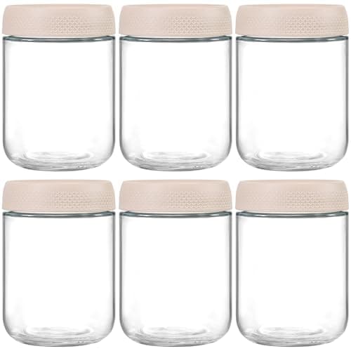 NETANY 6-pack 16oz Glass jars with Airtight Lids, Overnight Oats Containers with Lids, Wide mouth Mason Salad jars, Glass Food Storage Containers for Snacks Yogurt Spice Sugar-Beige