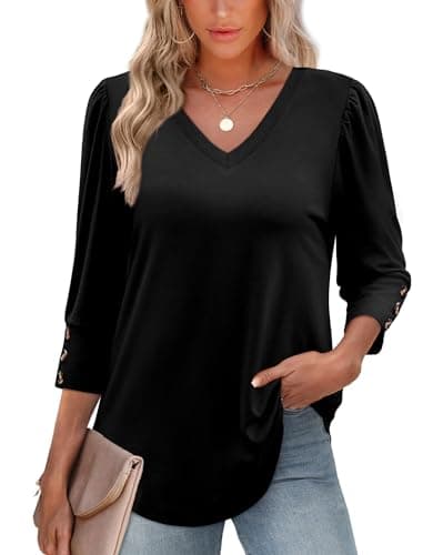 XIEERDUO Blouses for Women Dressy Casual 3/4 Length Sleeve Tunic Summer Tshirts V Neck Tops Trendy Beach Vacation Fall Fashion Clothing Teachers School Outfits 2026 A-Black S