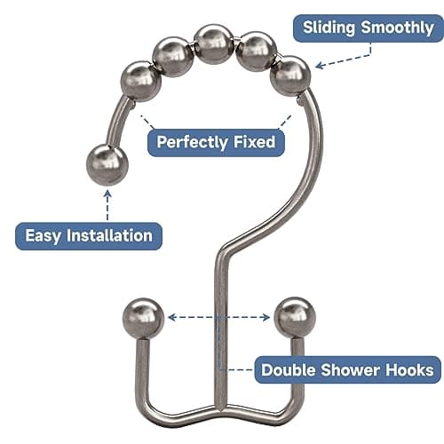 Titanker Shower Curtain Hooks Rings, Rust Resistant Metal Double Glide Shower Hooks Rings for Bathroom Shower Rods Curtains, Set of 12 Hooks - Nickel — view 3