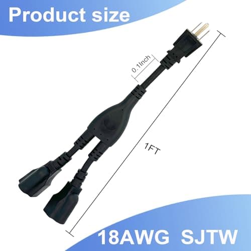 ENATECLITE 3 Prong Power Cord 1 to 2 Outlet Splitter,3-Way Power Splitter with 10A/1200W Capacity ，1FT Short Extension for Home,Kitchen, Office (Black) — view 2