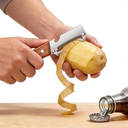 Multi-Functional Vegetable Peeler for Kitchen,Stainless Steel Vegetable Peeler Wooden Handle,Premium-Grade Fruit Peelers Knife with Bottle Opener for Carrot Potato Pumpkin (2PC) — view 3