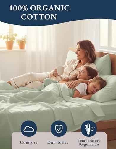 Lane Linen 100% Organic Cotton Queen Sheet Set, 4-Piece Percale Bed Sheets for Queen Bed - Soft, Breathable, Hypoallergenic, Deep Pocket Fits Mattress Up to 15" Deep, Hotel Quality Sheets - Mineral — view 5