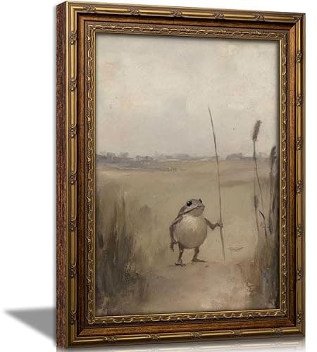 Vintage Gold Framed Frog Wall art, Funny Cottagecore Animal Oil Painting Canvas Print, Whimsical Animal Picture Wall Decor, Rustic Farmhouse Moody Poster Artwork for Living Room Bedroom Bathroom